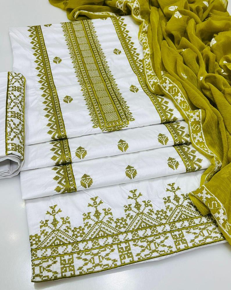 White Green Embroidered 3-Piece Cotton Suit for Women