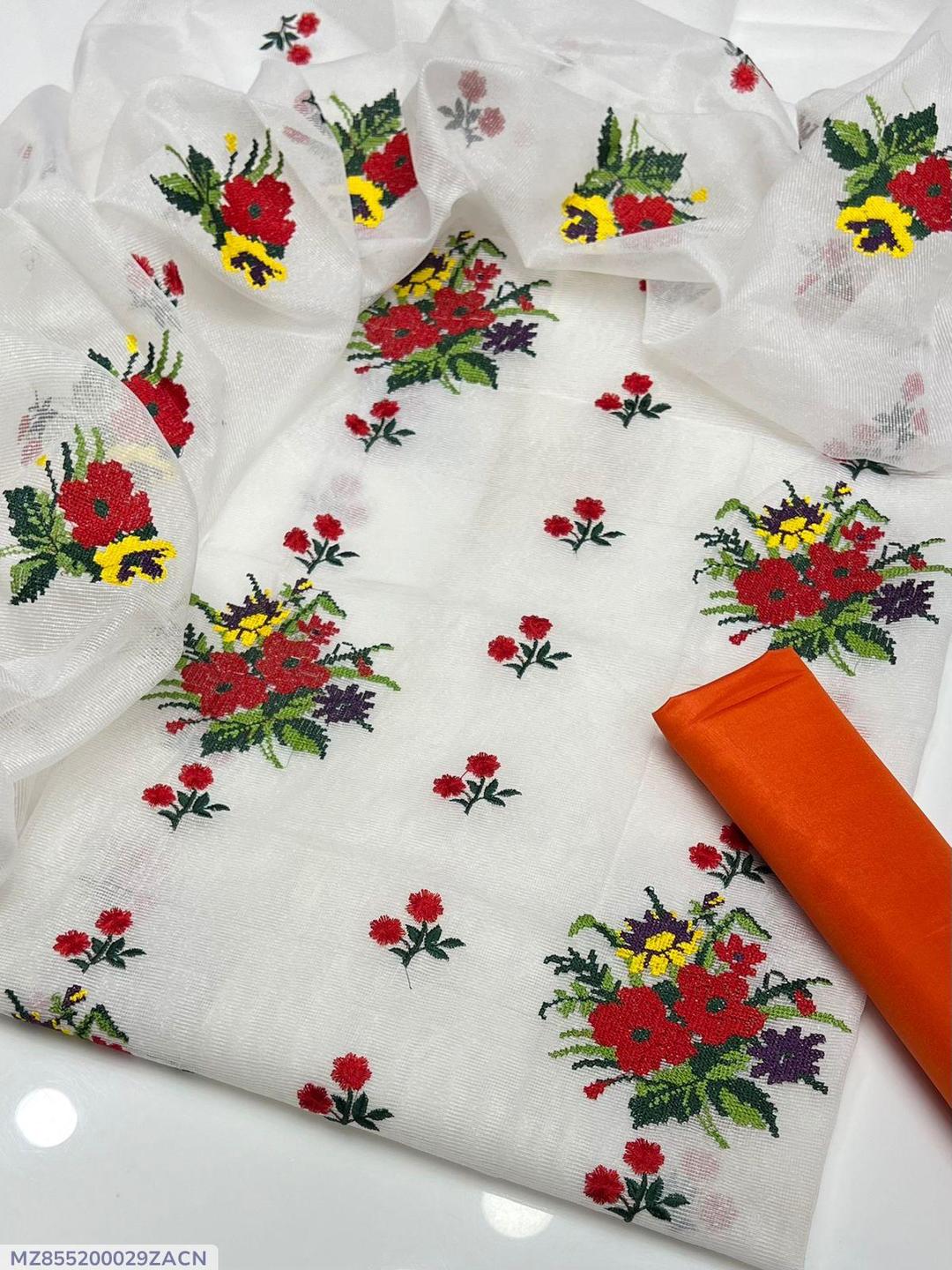Khaadi Net Floral Embroidered 3-Piece Suit with Orange Dupatta