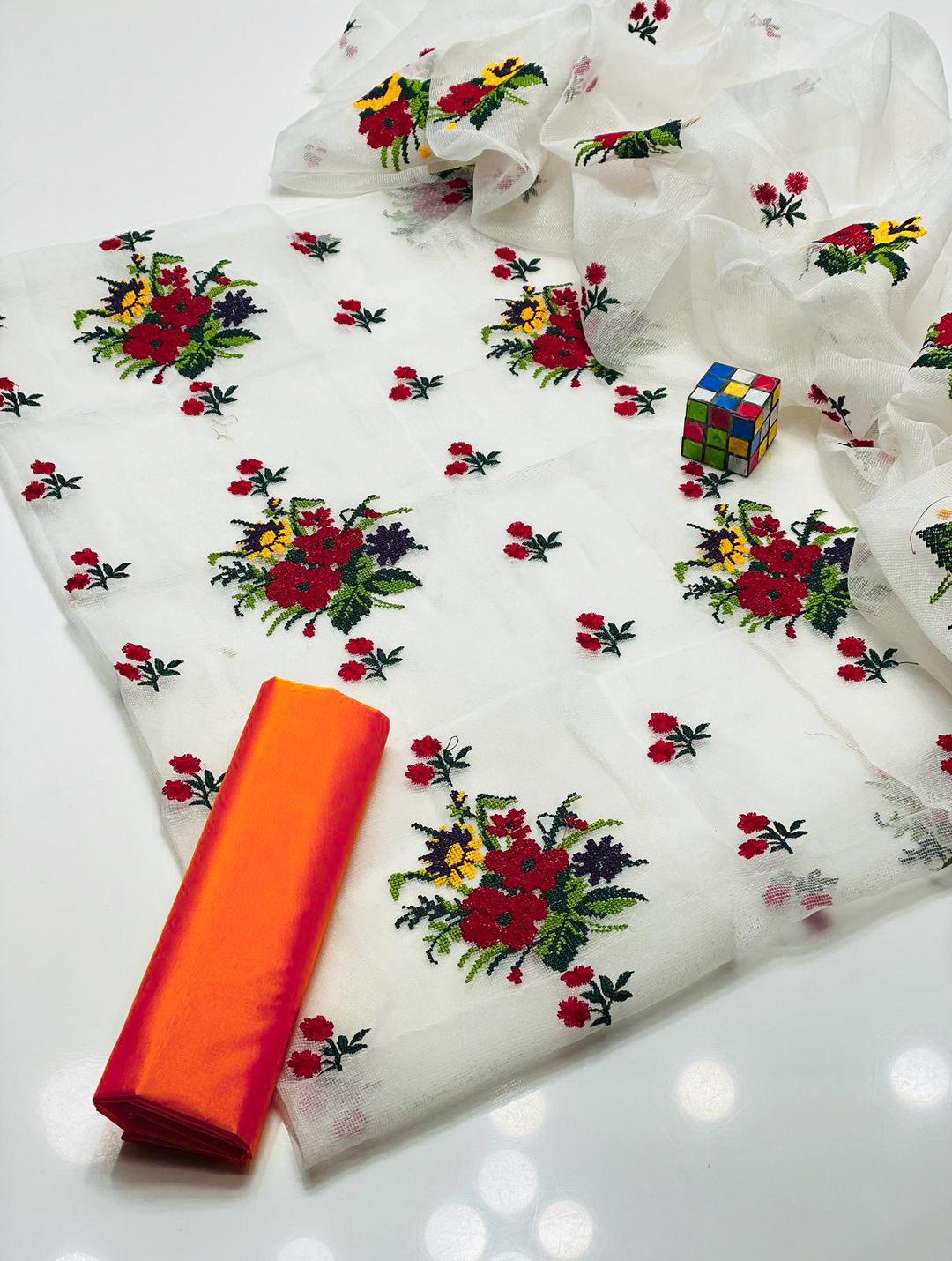 Khaadi Net Floral Embroidered 3-Piece Suit with Orange Dupatta