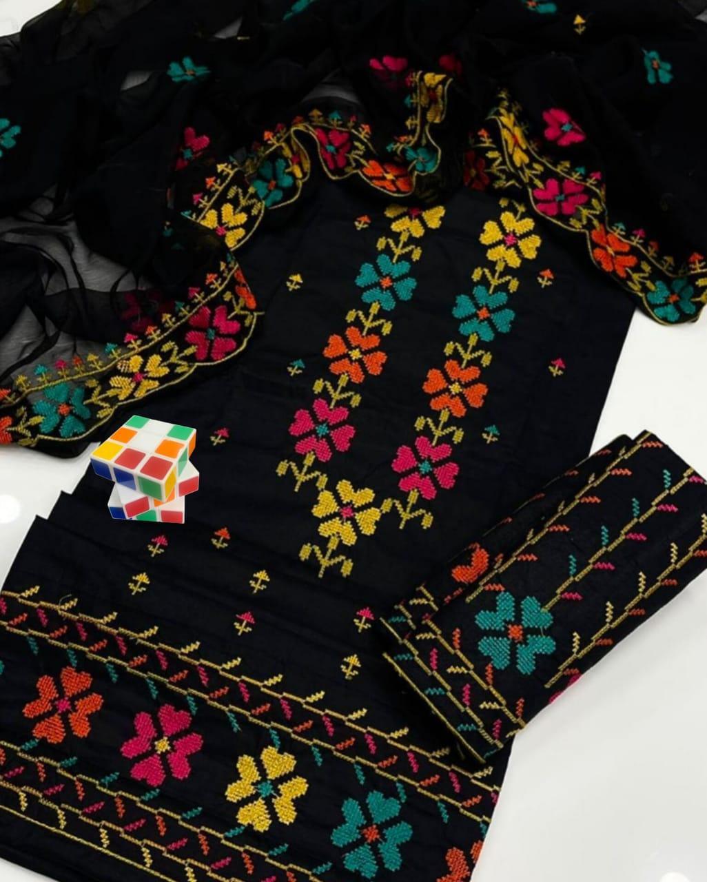 Black Chikankari Embroidered 3-Piece Suit for Weddings