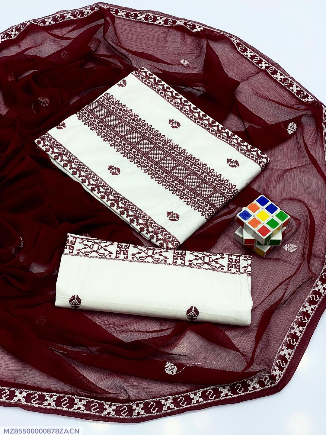 White Cotton Lawn 3-Piece Suit with Maroon Embroidery & Chiffon Dupatta