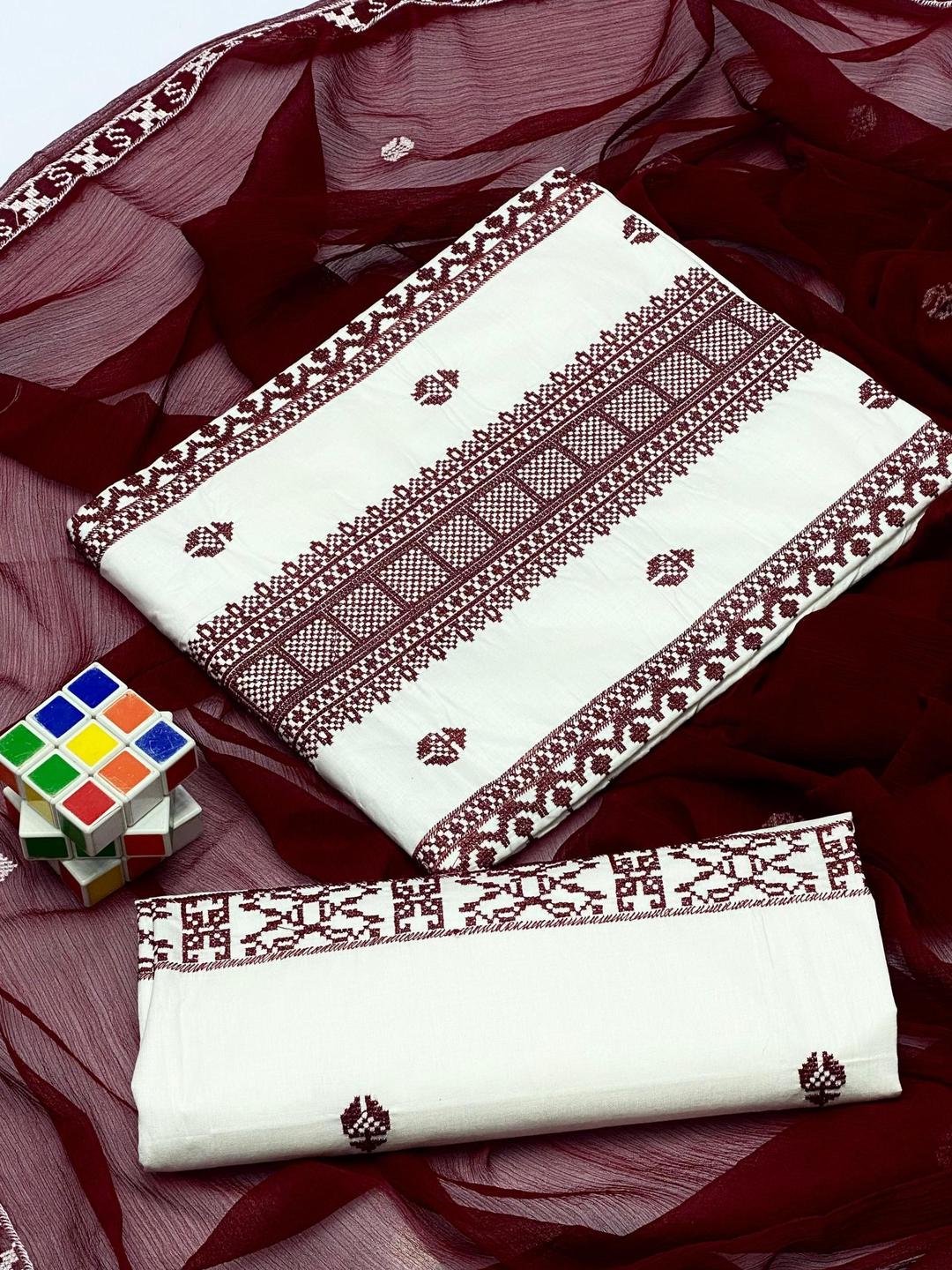 White Cotton Lawn 3-Piece Suit with Maroon Embroidery & Chiffon Dupatta