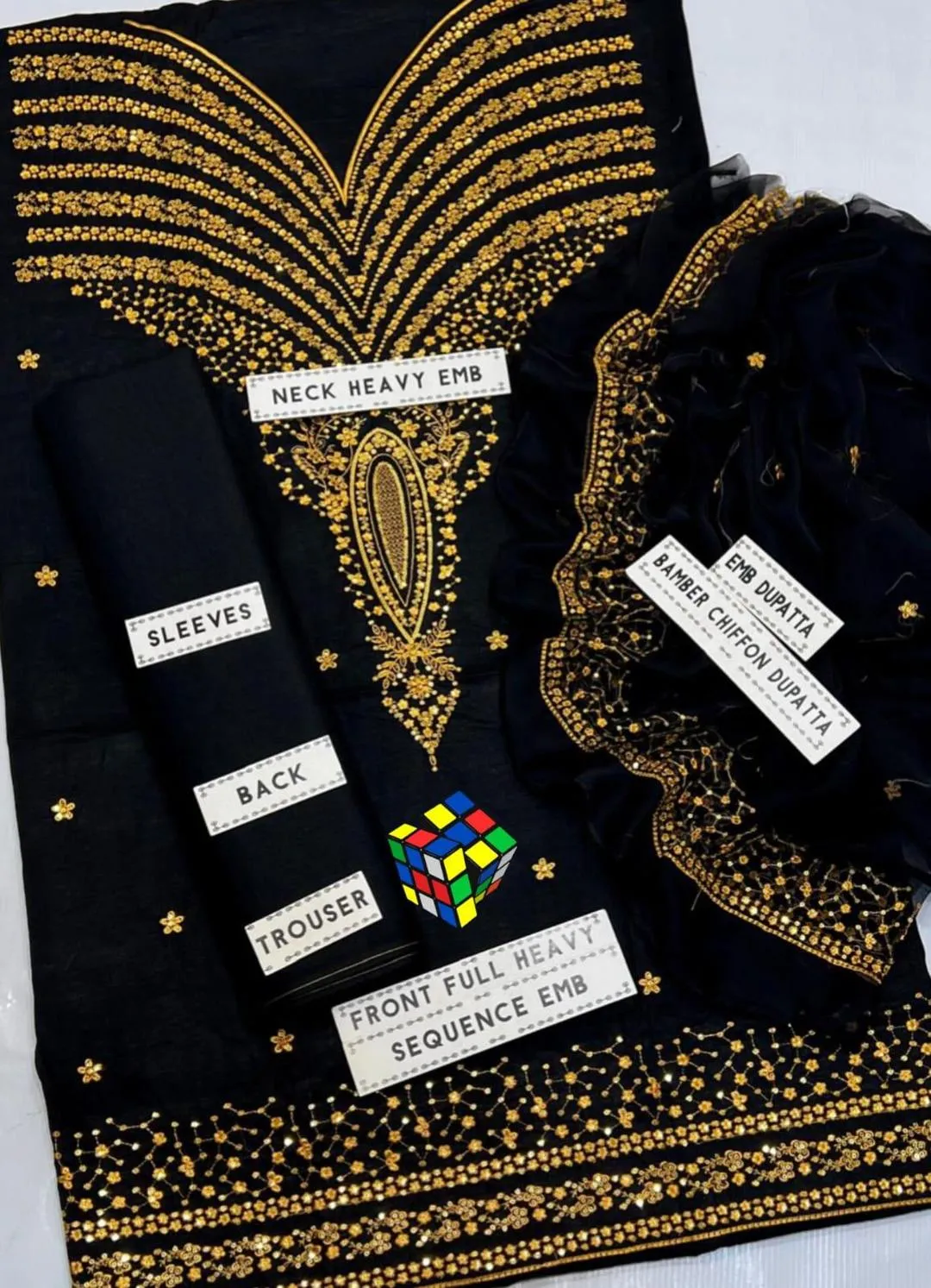 Black Embroidered Cotton Suit with Gold Border
