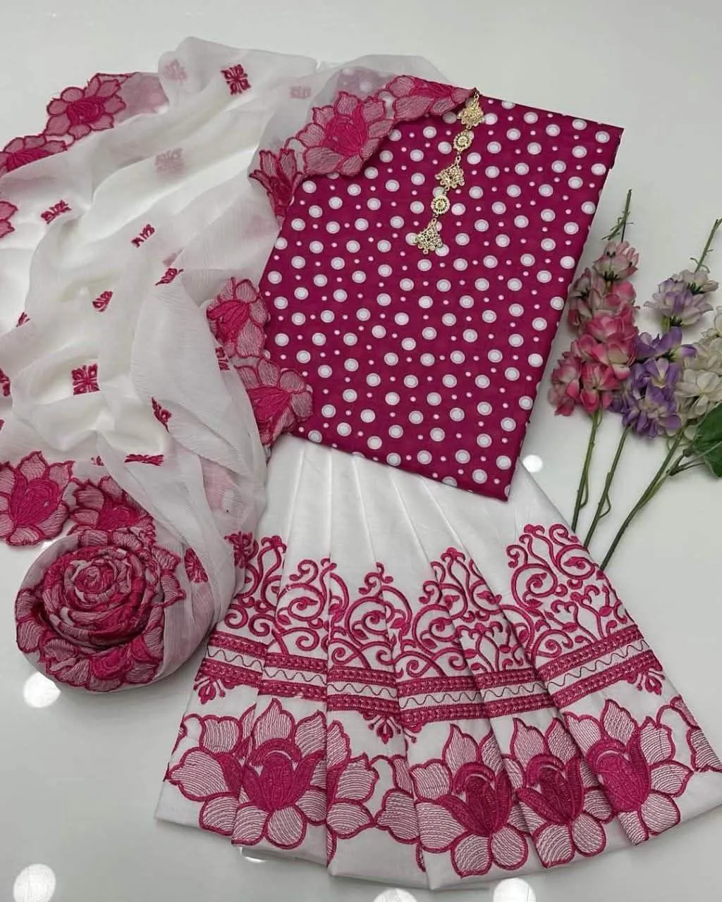Red Digital Print Lawn Shirt Set with Embroidered Cotton Trouser & Chiffon Dupatta