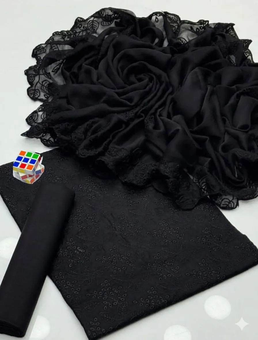 Black Chikankari 3-Piece Women's Suit with Chiffon Dupatta