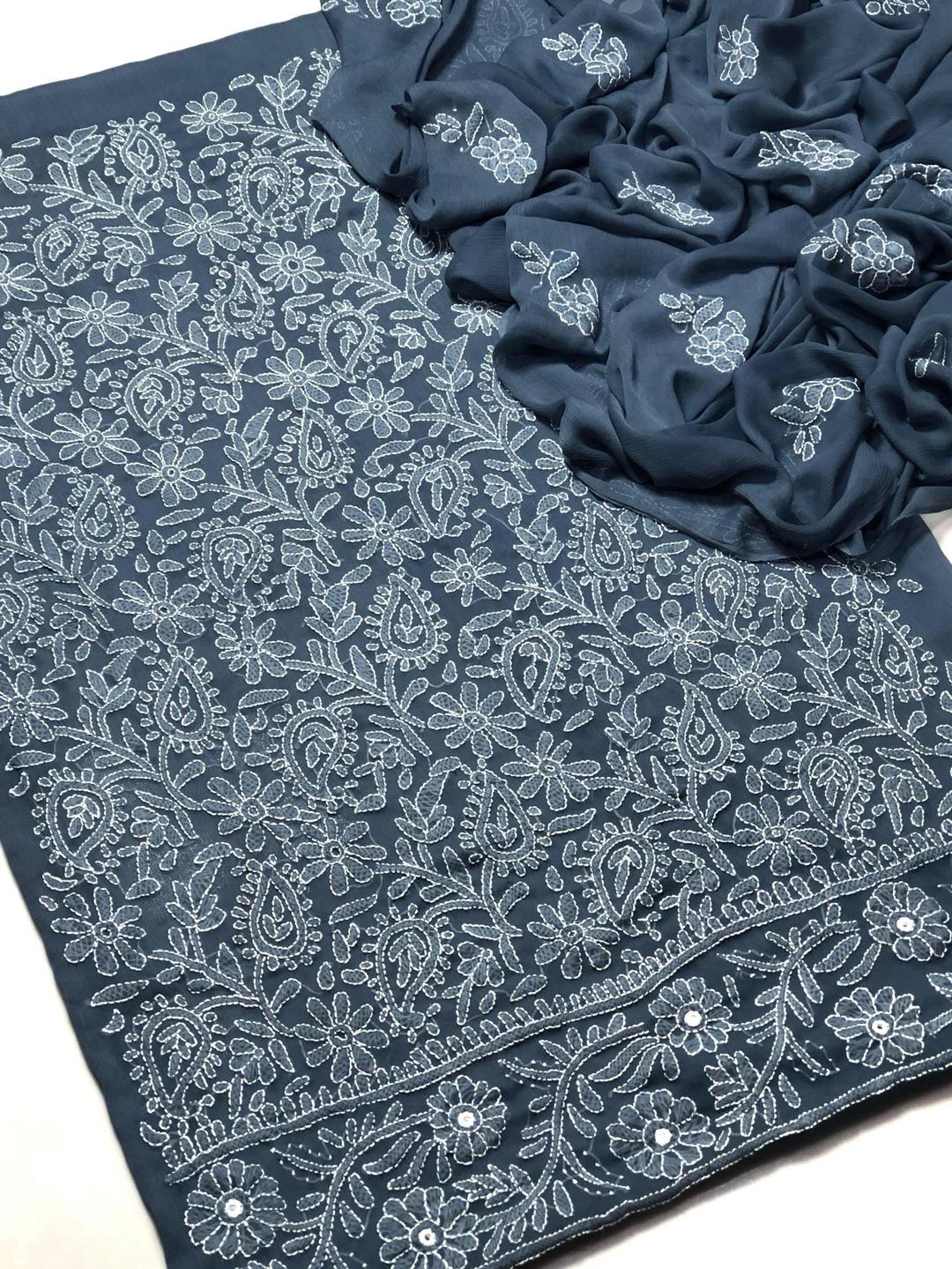 Women's Chikankari Chiffon Suit Blue Bakra Eid