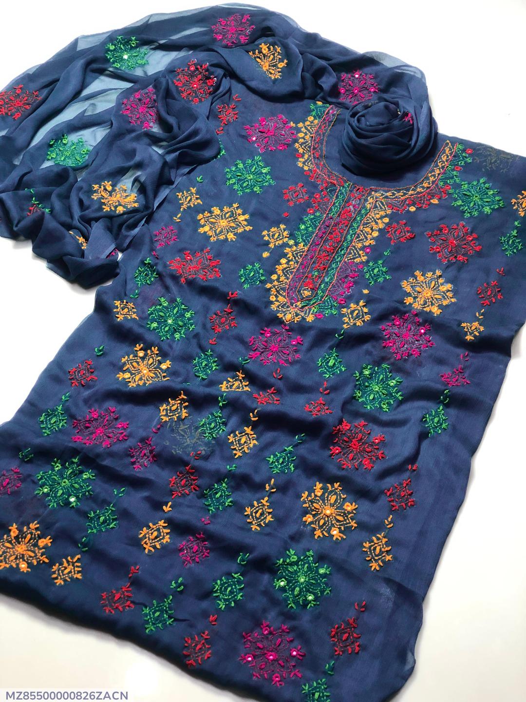 Hand Embroidered Chiffon Suit Blue Red Green Gold Floral