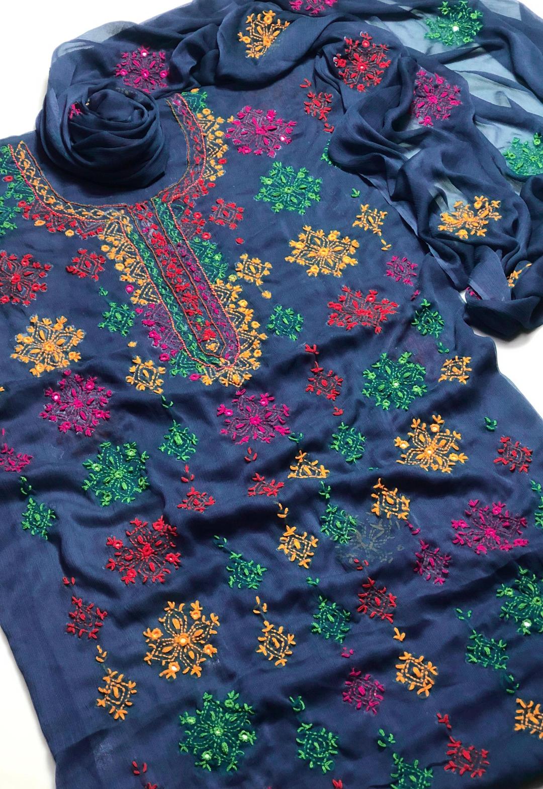Hand Embroidered Chiffon Suit Blue Red Green Gold Floral