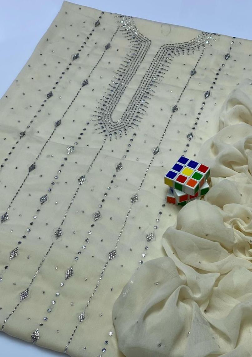 Hand Embroidered Chiffon Suit for Women Beige