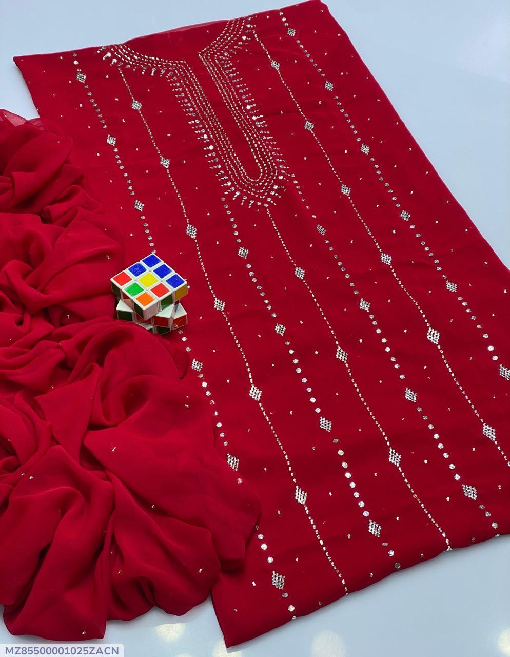 Red Chiffon Embroidered 2-Piece Suit for Women