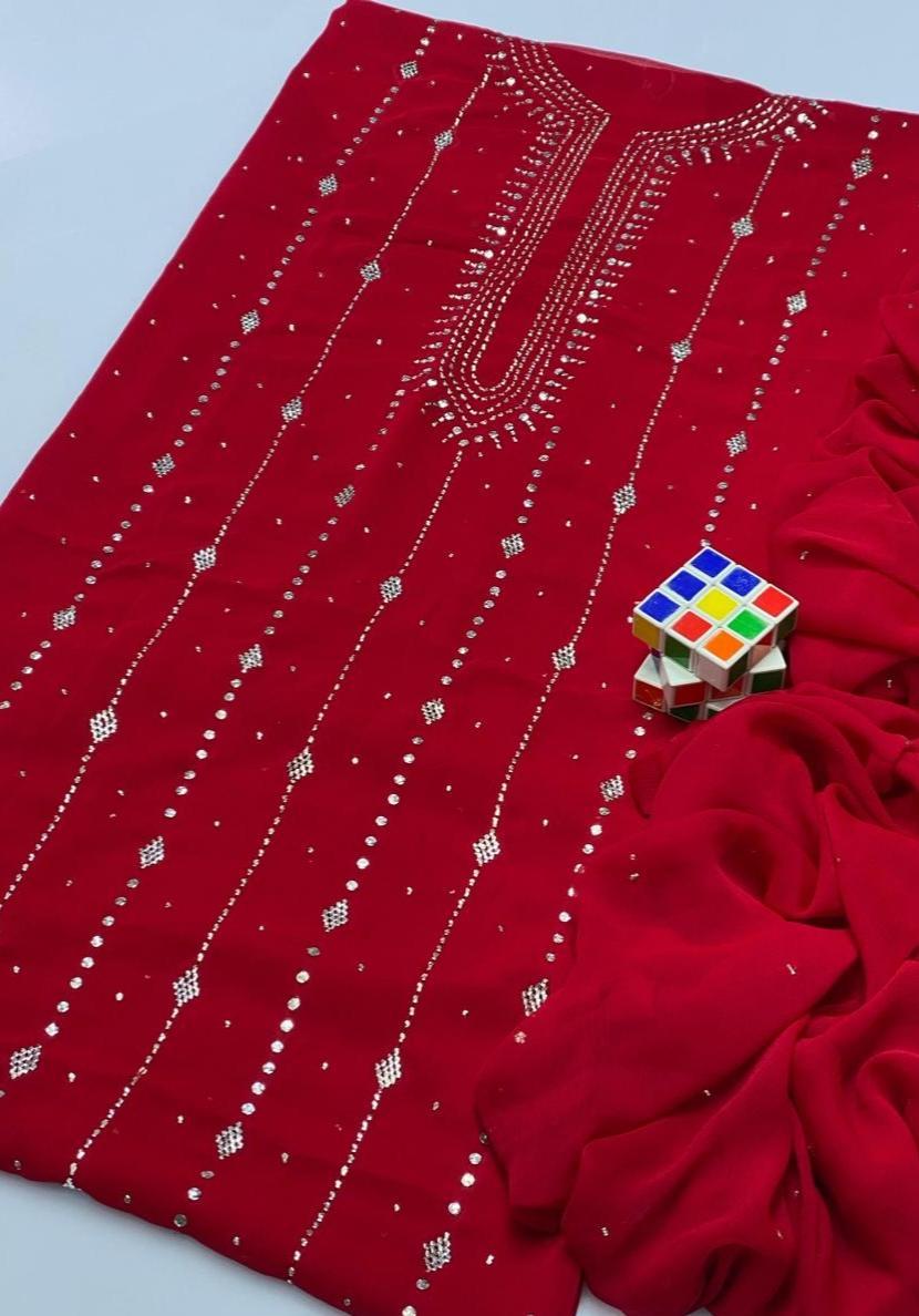 Red Chiffon Embroidered 2-Piece Suit for Women