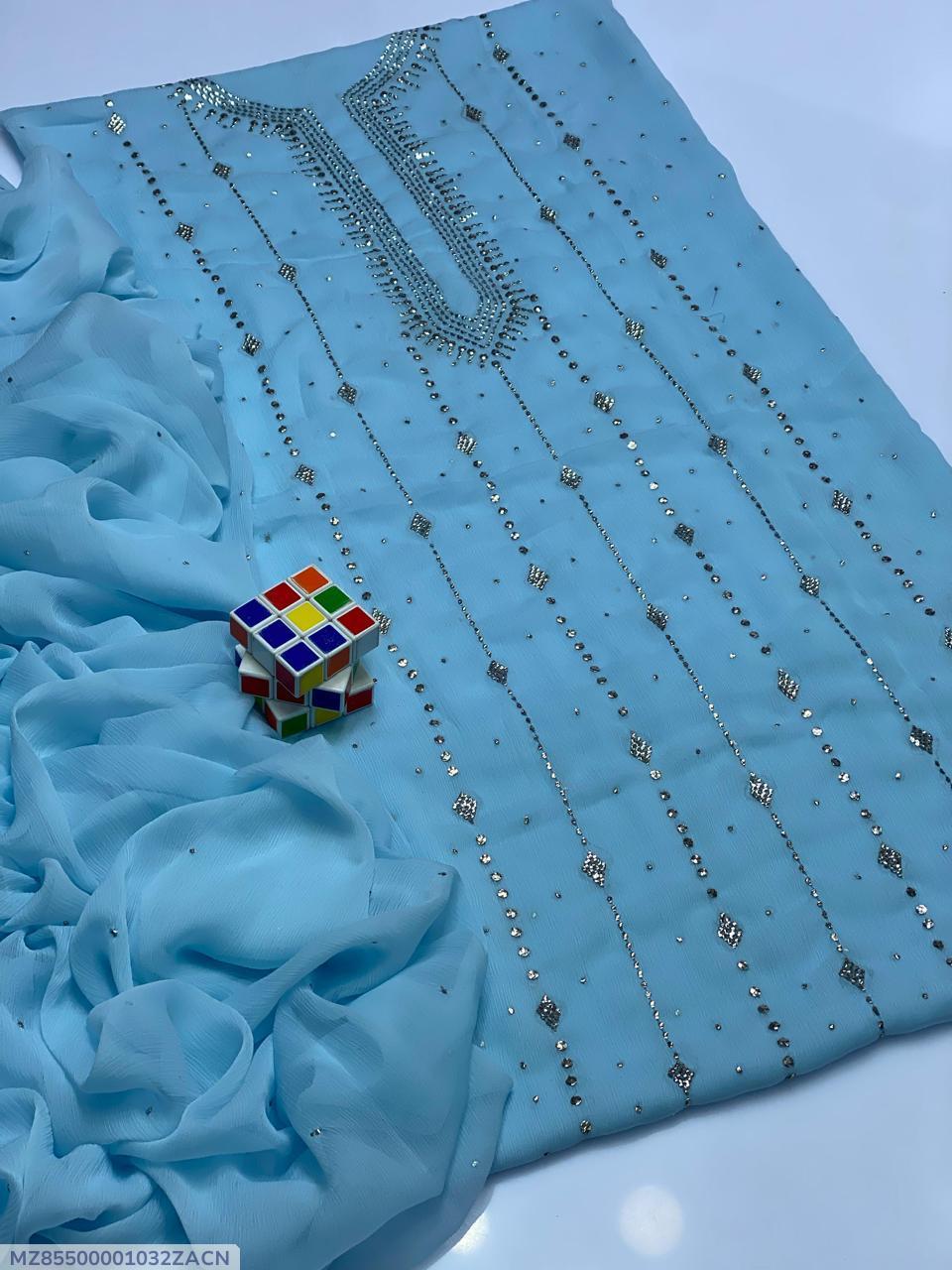 Women's Chiffon Embroidered 2-Piece Suit Blue