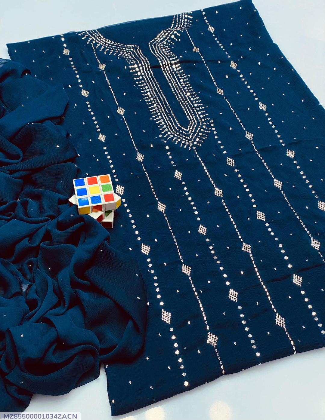 Blue Chiffon Embroidered 2-Piece Suit for Women