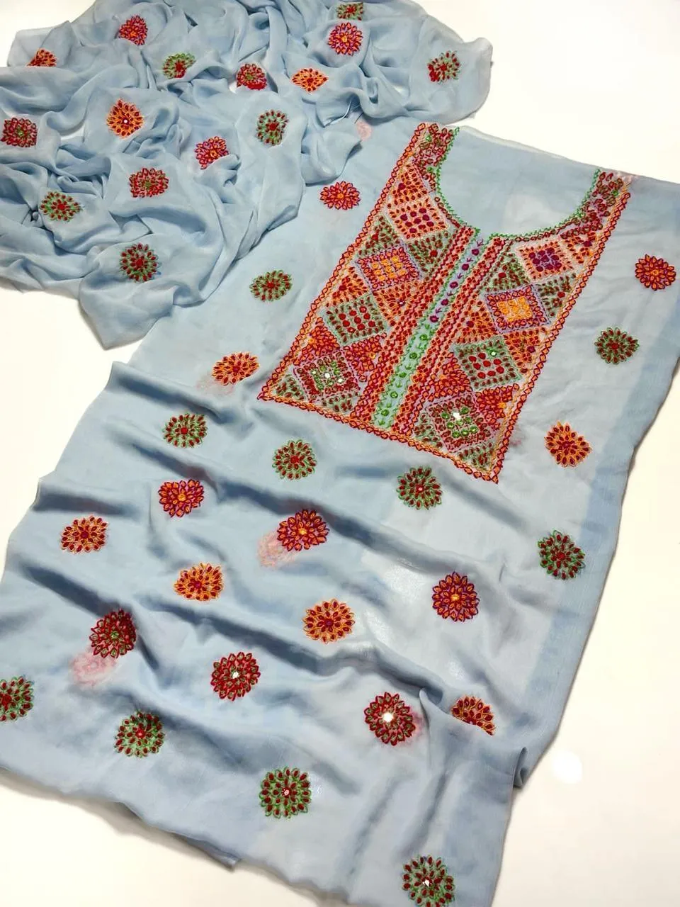 2 Pcs Women's Unstitched Sheesha Work Suit