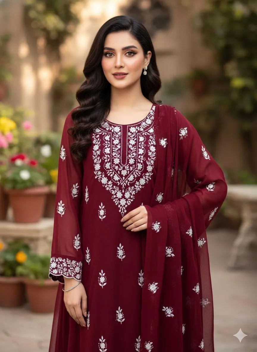 Maroon Chiffon Embroidered Suit for Women Wedding Party Wear