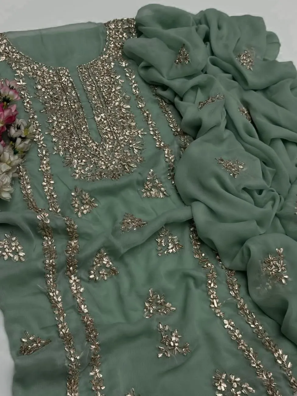 Green Chiffon Gota Work 2-Piece Suit for Weddings