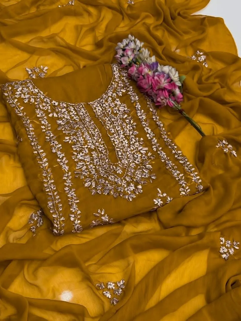 Mustard Chiffon Gota Work Suit for Weddings