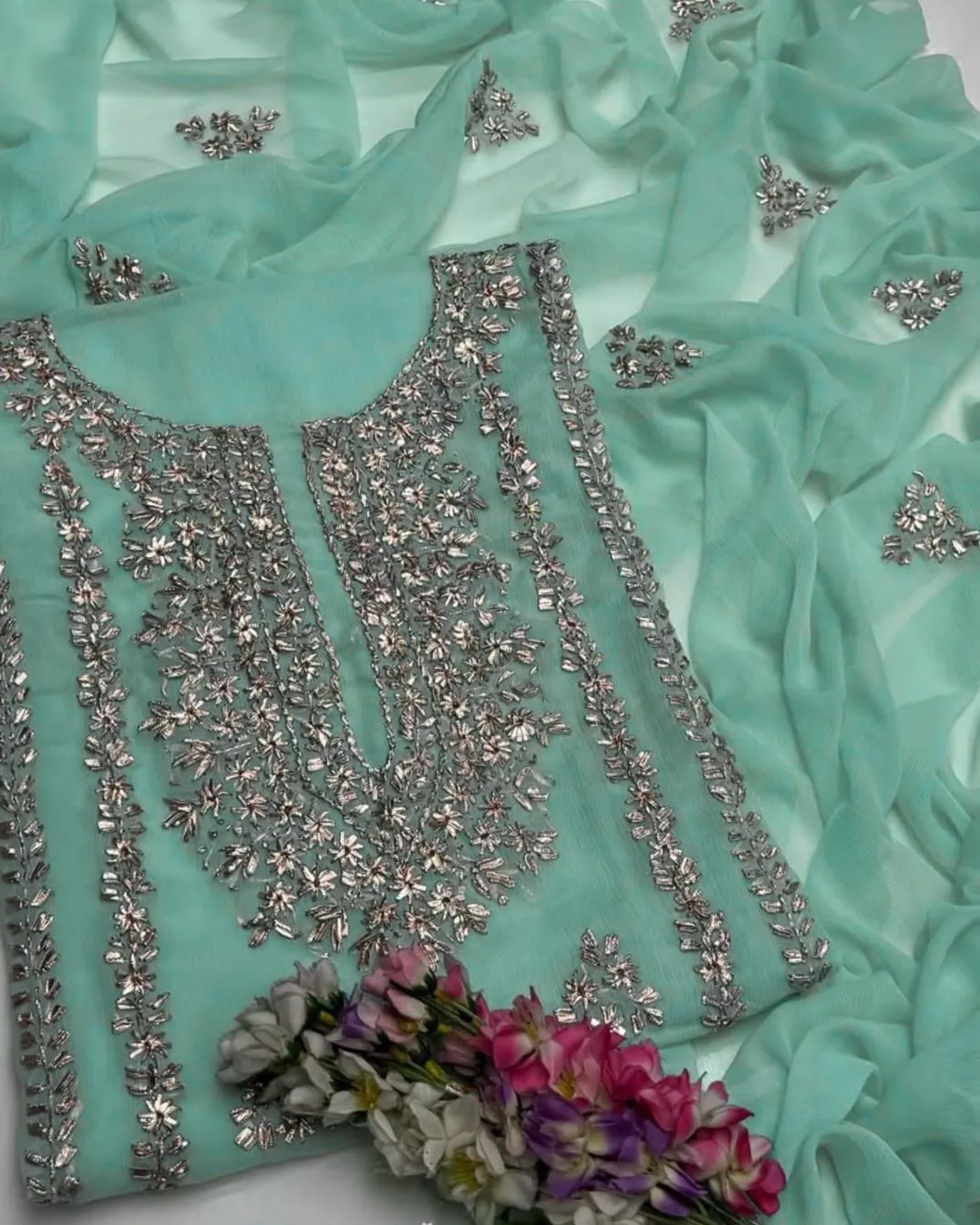 Mint Green Gota Work Chiffon 2-Piece Suit for Weddings