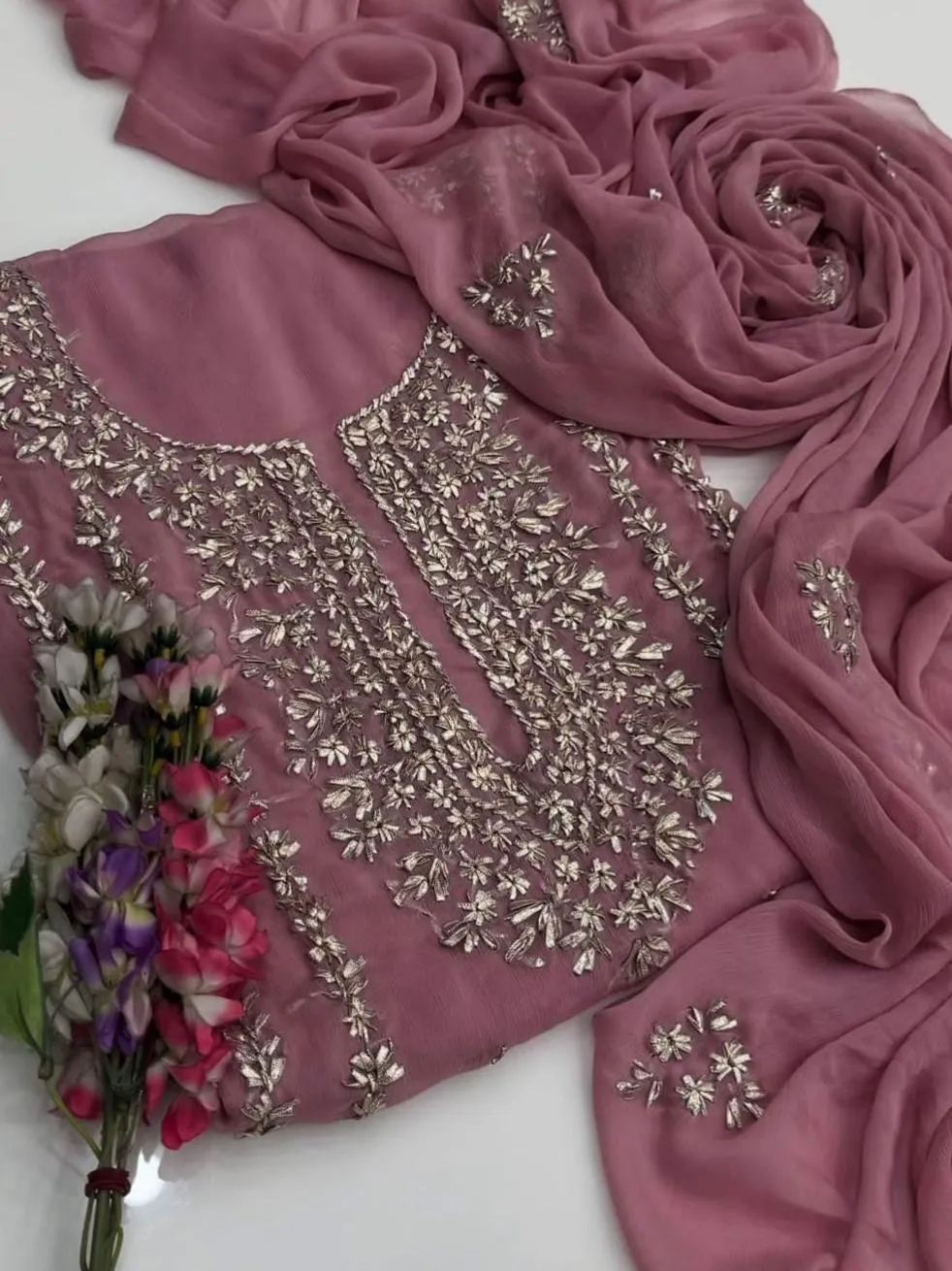 Pink Chiffon Gota Work 2-Piece Suit for Weddings