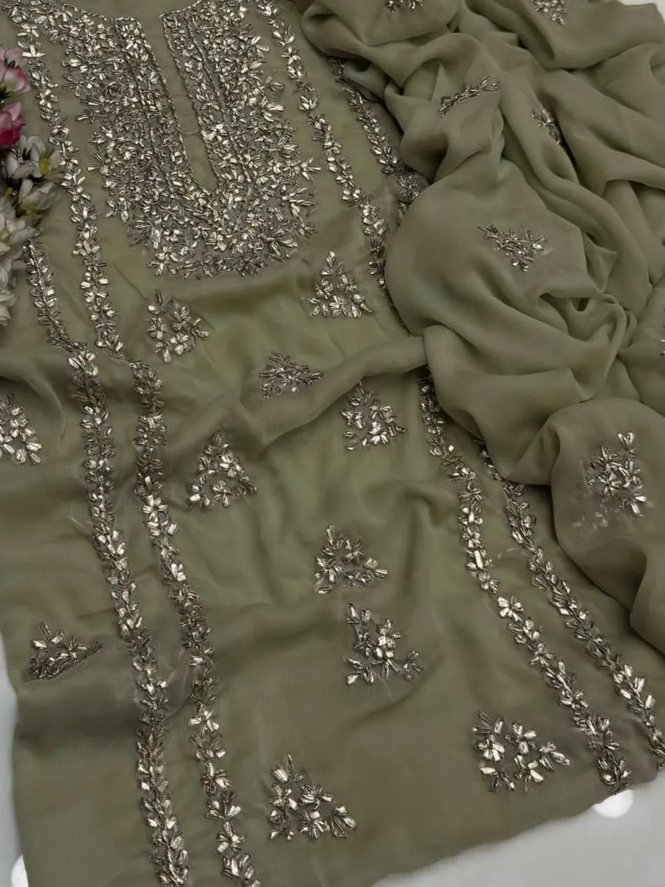 Unstitched Gota Work Chiffon Suit Olive Beige