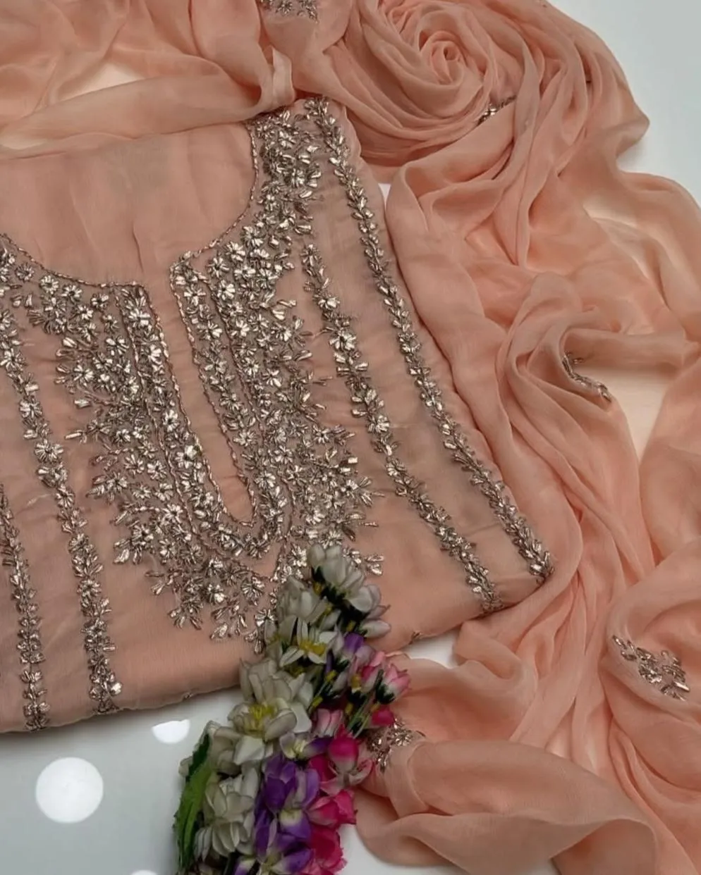 Peach Chiffon Gota Work 2-Piece Suit for Weddings
