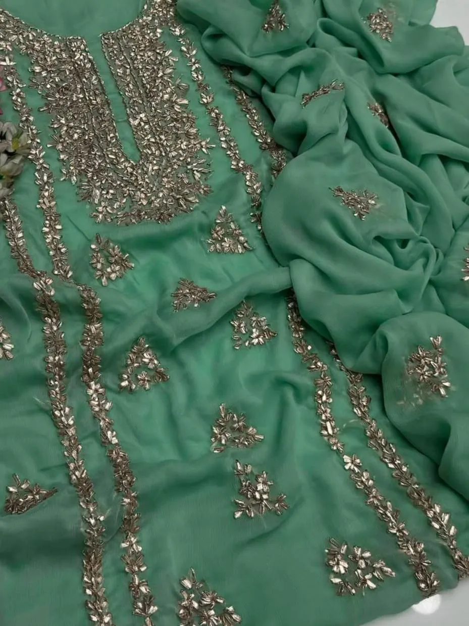 Green Chiffon Gota Work Unstitched Suit for Weddings