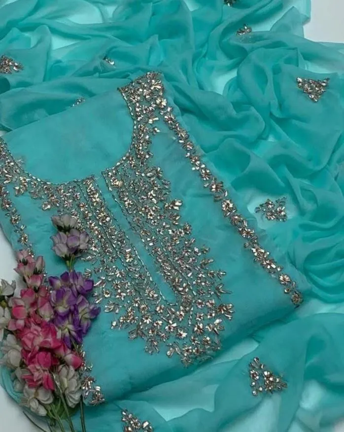 Unstitched Gota Work Chiffon Suit Turquoise for Weddings