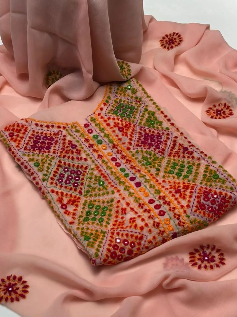 Peach Chiffon Hand Embroidered Suit Set for Women