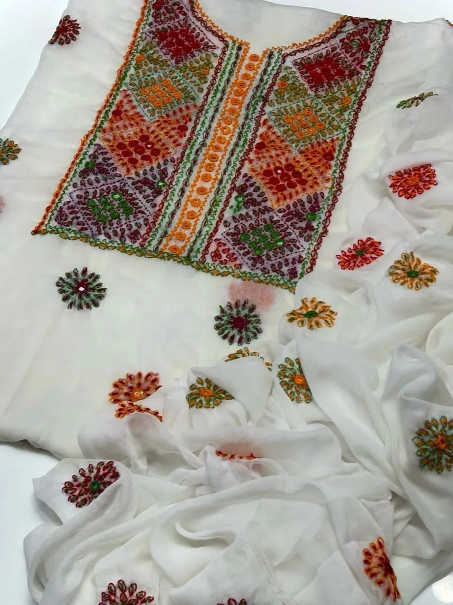 White Chiffon Handwork Suit for Women with Floral Embroidery