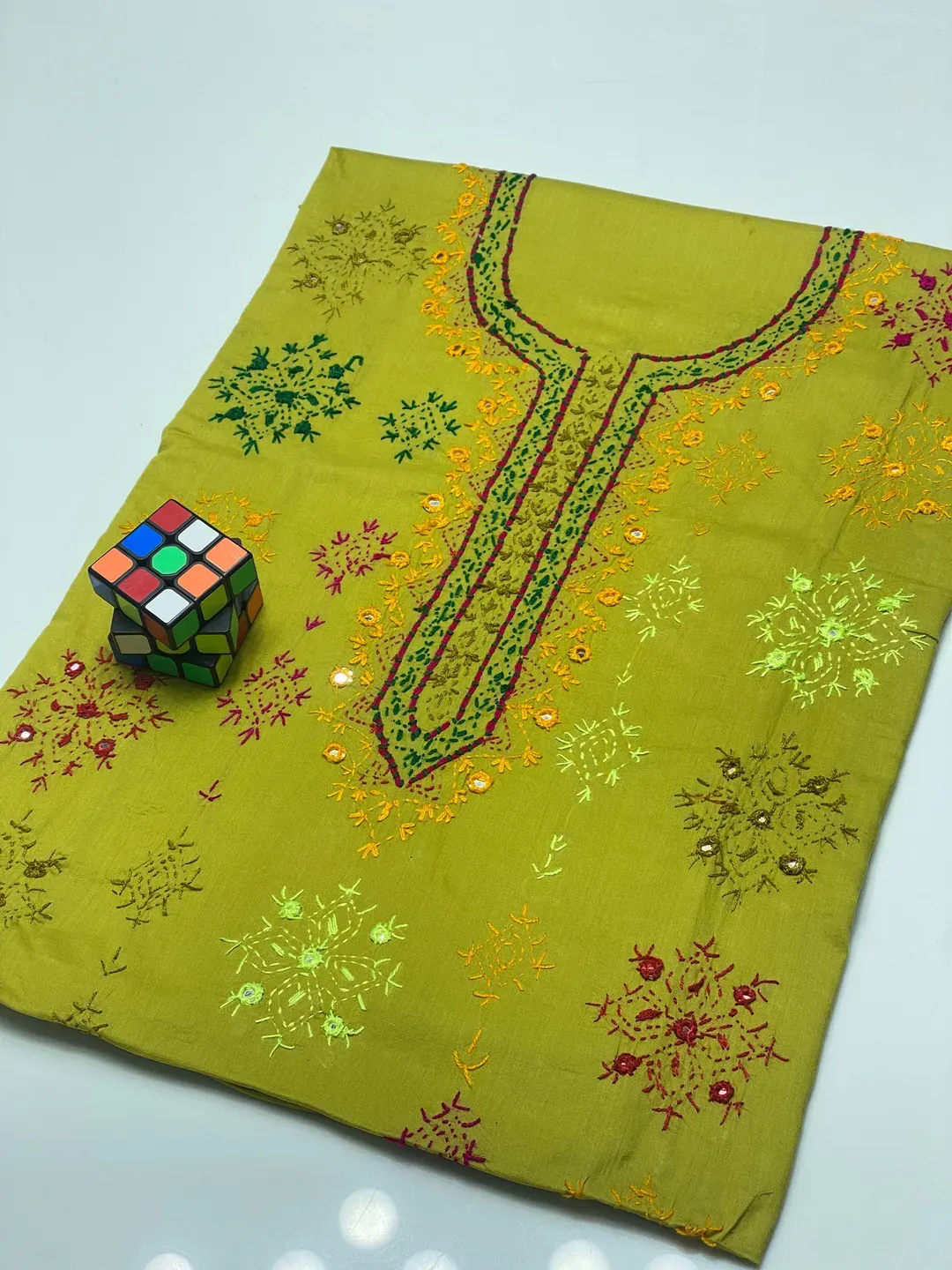 Yellow Embroidered Dhaga Shirt with Dupatta