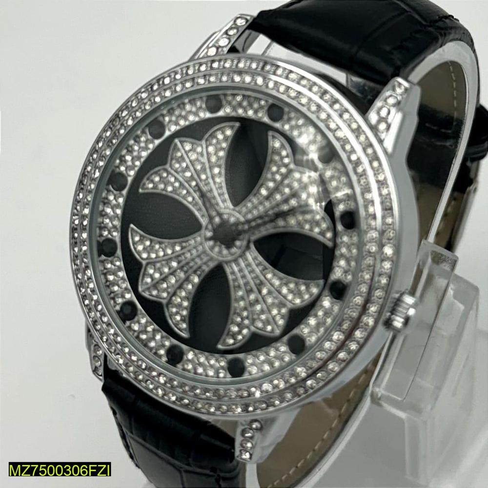 Men's Black Leather Floral Watch with Crystal & Stainless Steel