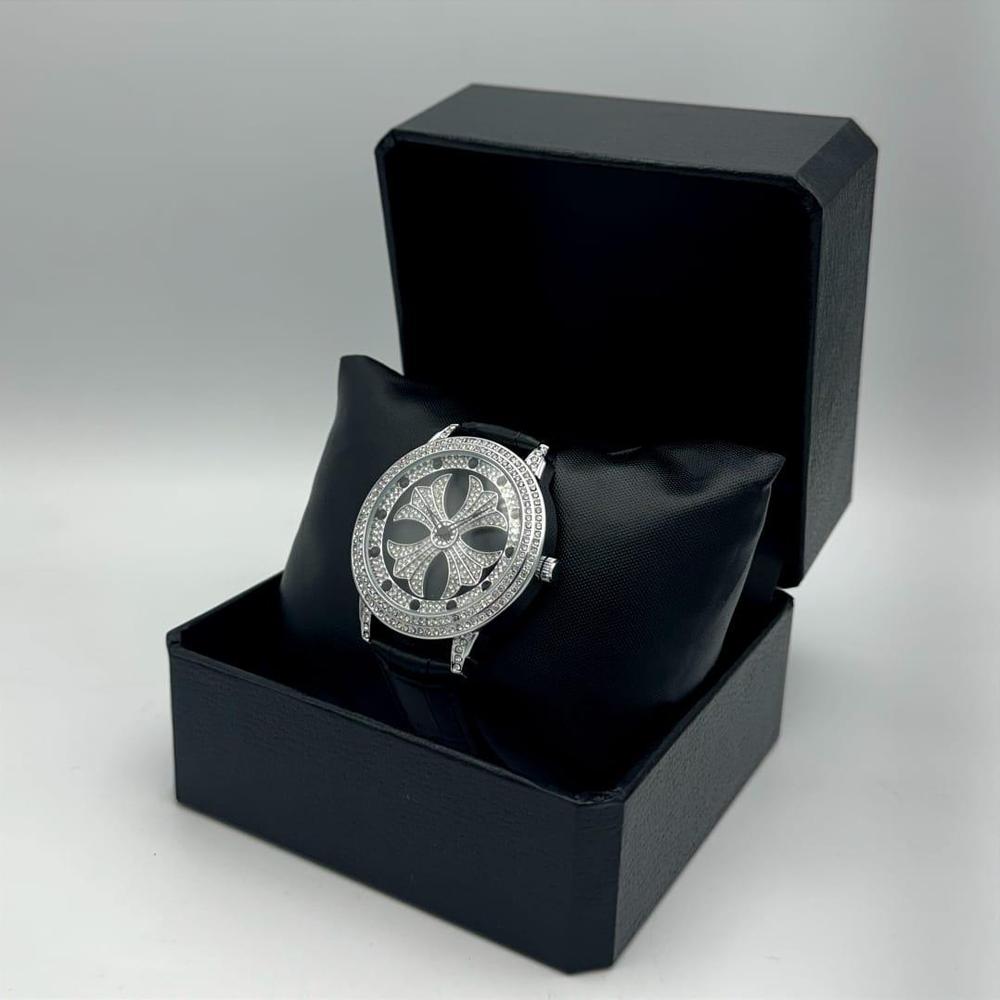 Men's Black Leather Floral Watch with Crystal & Stainless Steel