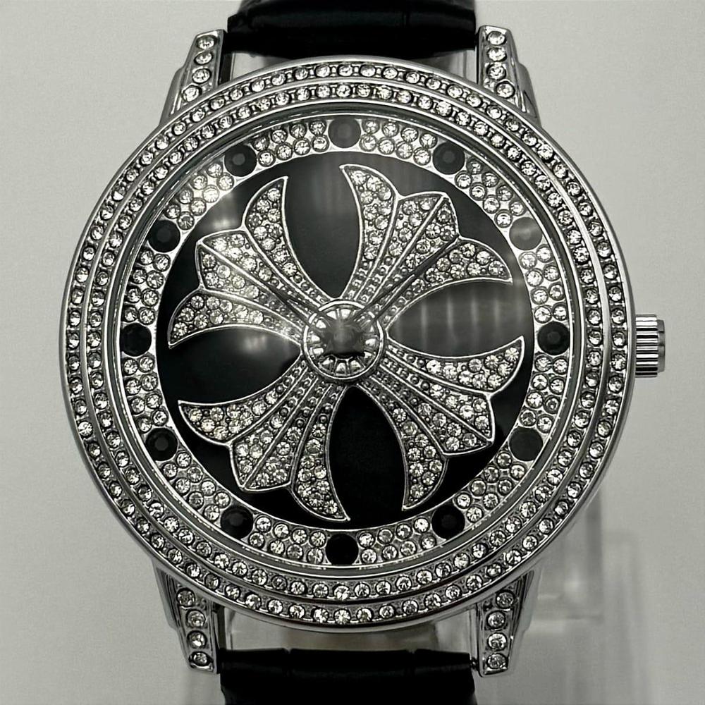 Men's Black Leather Floral Watch with Crystal & Stainless Steel