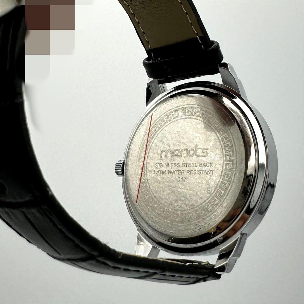 Men's Black Leather Floral Watch with Crystal & Stainless Steel