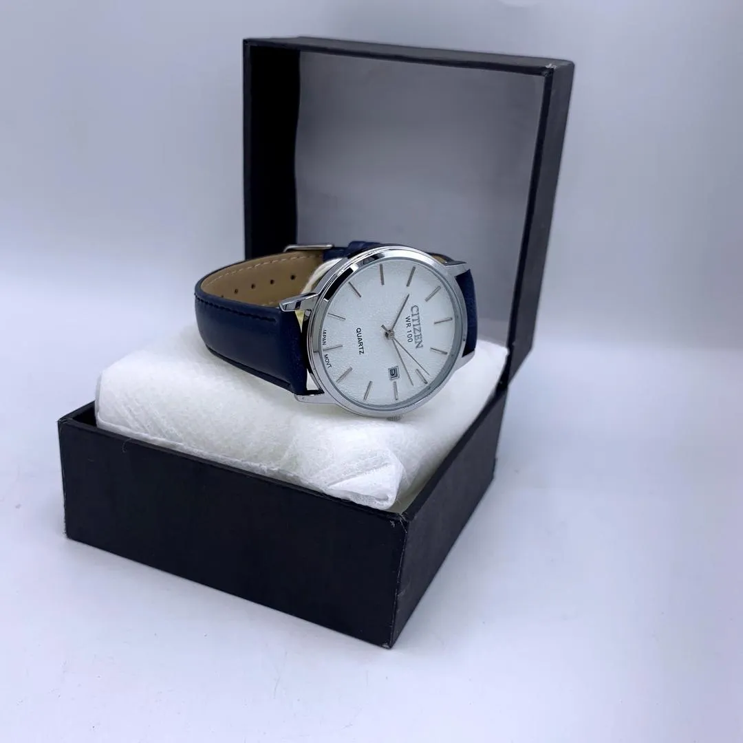 Citizen Quartz Watch White Leather Strap 100M Water Resistant