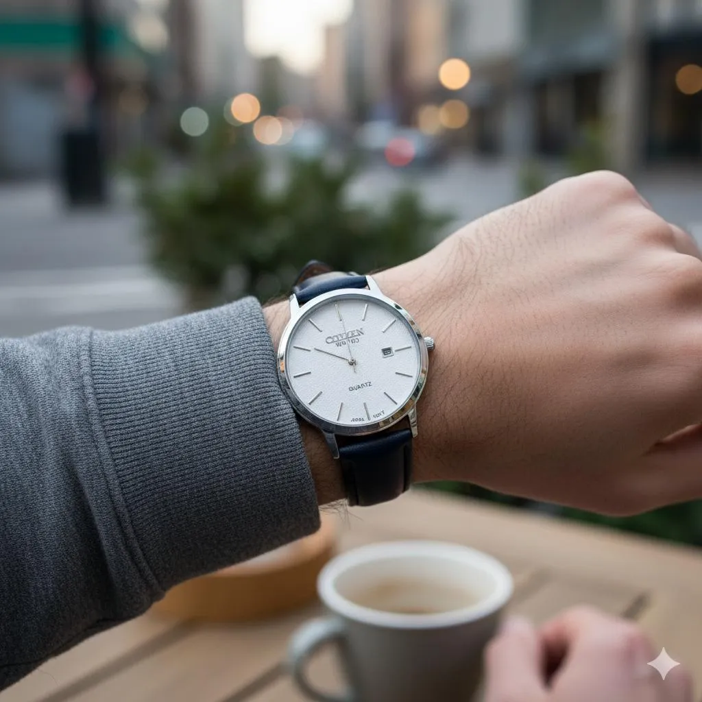 Citizen Quartz Watch White Leather Strap 100M Water Resistant