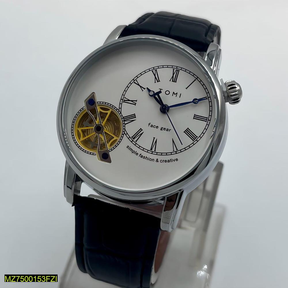 Men's Stainless Steel Watch with Transparent Gear Mechanism Offwhite Dial