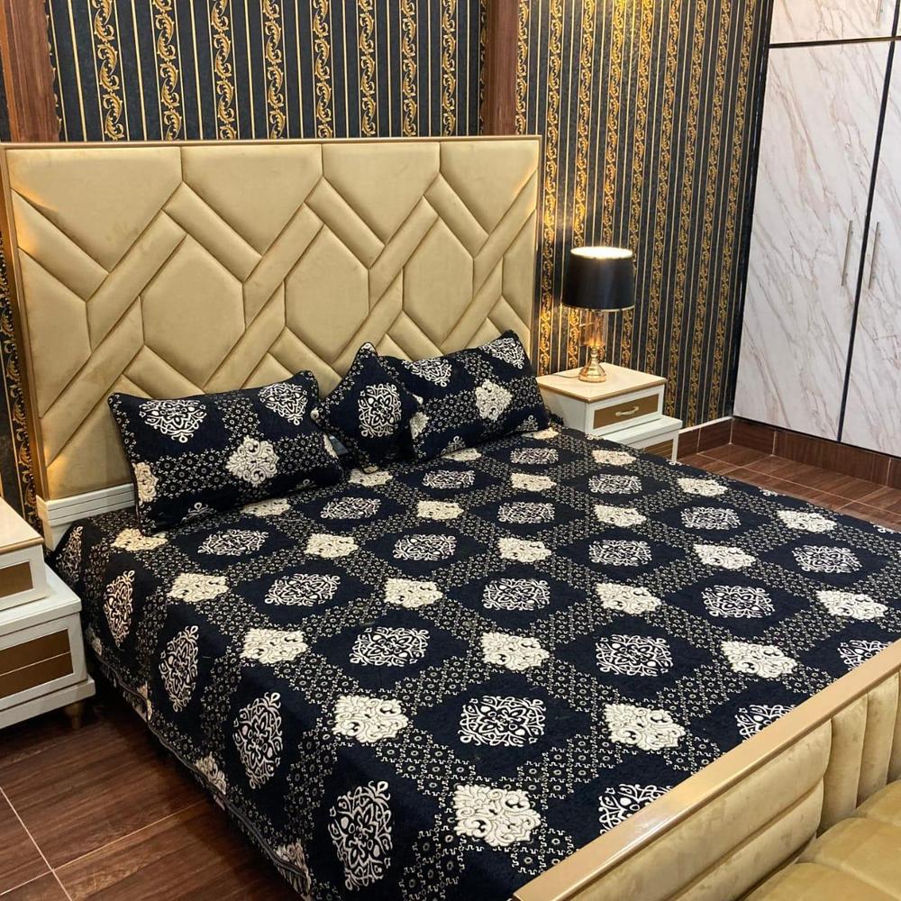 Navy Blue Floral Velvet Jacquard Bed Set for Double Bed