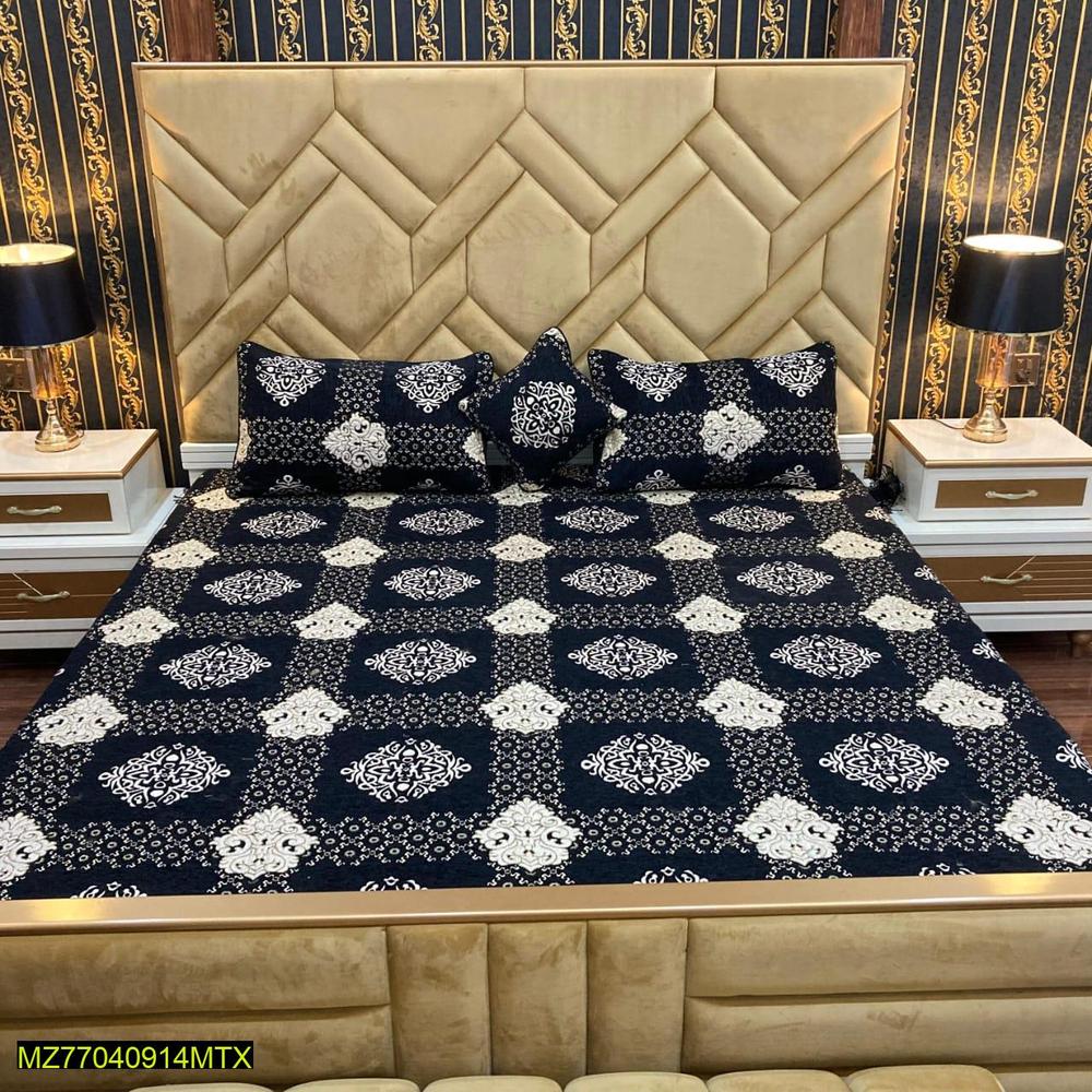Navy Blue Floral Velvet Jacquard Bed Set for Double Bed