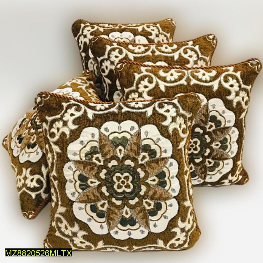 5-Piece Velvet Jacquard Cushion Cover Set Brown Cream Floral