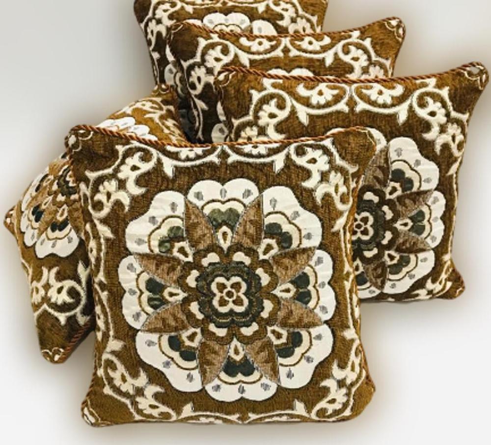 5-Piece Velvet Jacquard Cushion Cover Set Brown Cream Floral