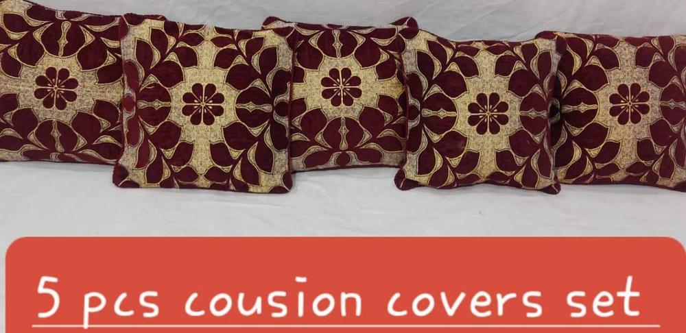 5-Piece Burgundy Velvet Jacquard Cushion Covers Set