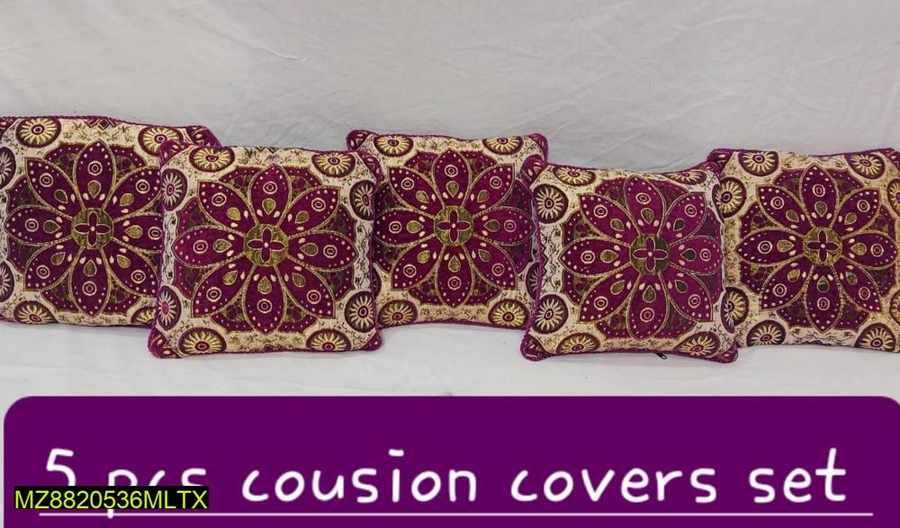 5 Pcs Velvet Jacquard Cushion Covers Maroon Gold Floral Set
