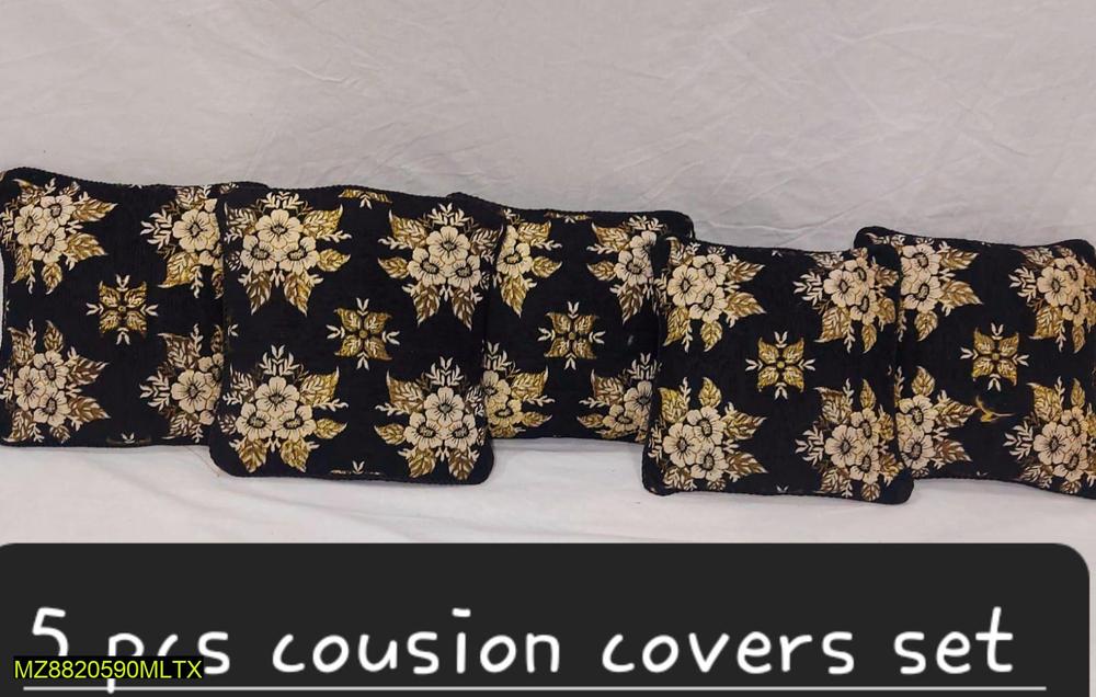 5 Pcs Velvet Jacquard Cushion Covers Black Gold Floral Set