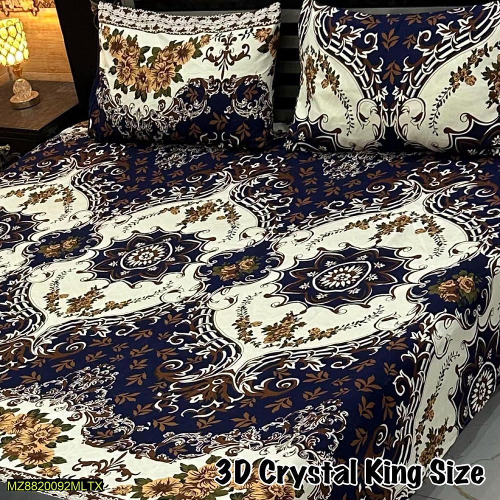 3D Crystal Cotton King Bedsheet Set Navy Gold Floral