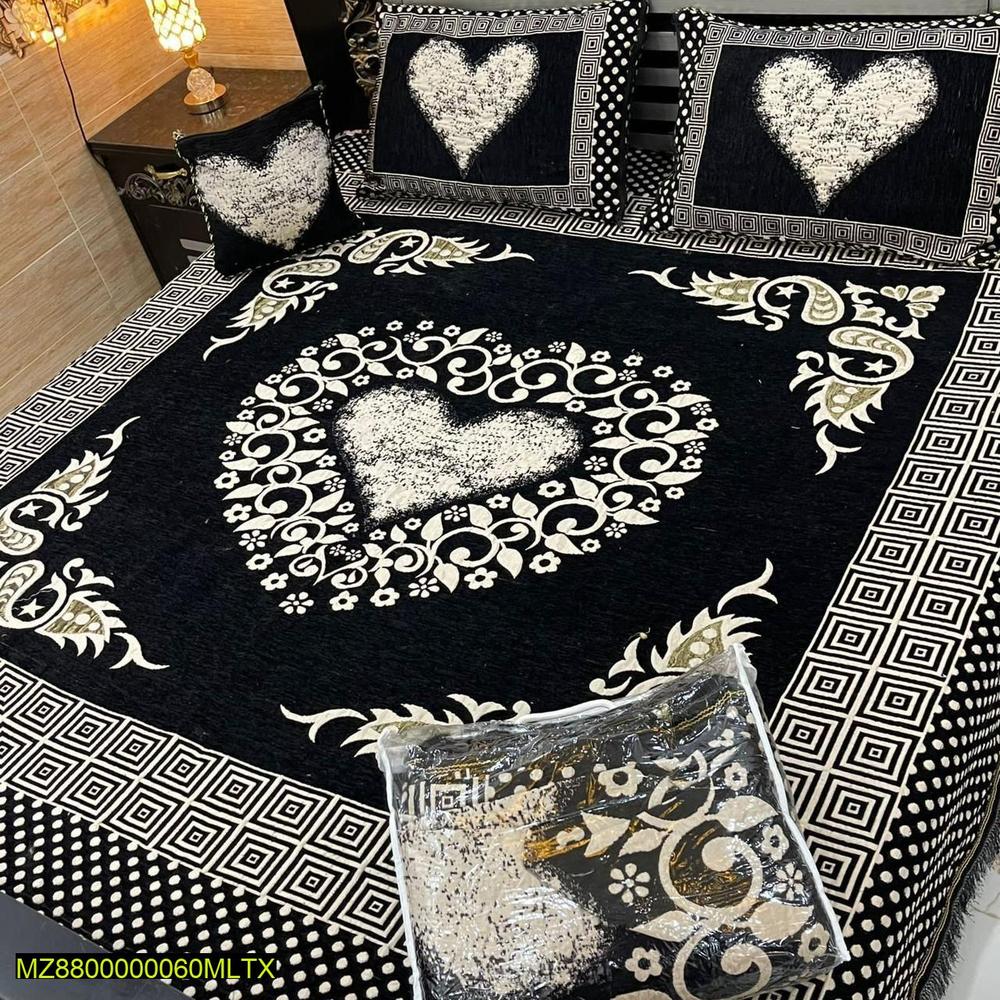 Velvet Jacquard Bed Sheet Set Black White Heart Floral Double