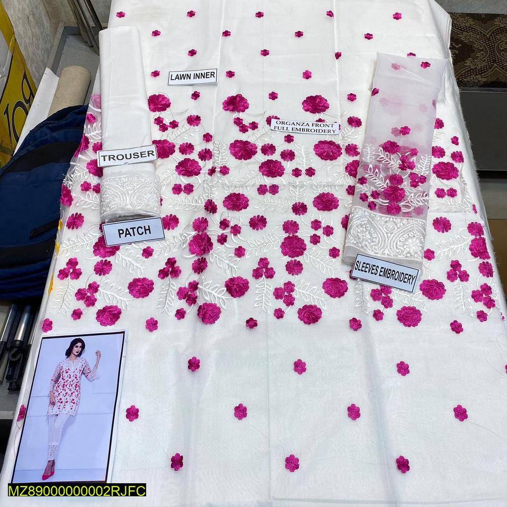 Women's Organza Embroidered Pink Floral Suit for Eid Wedding