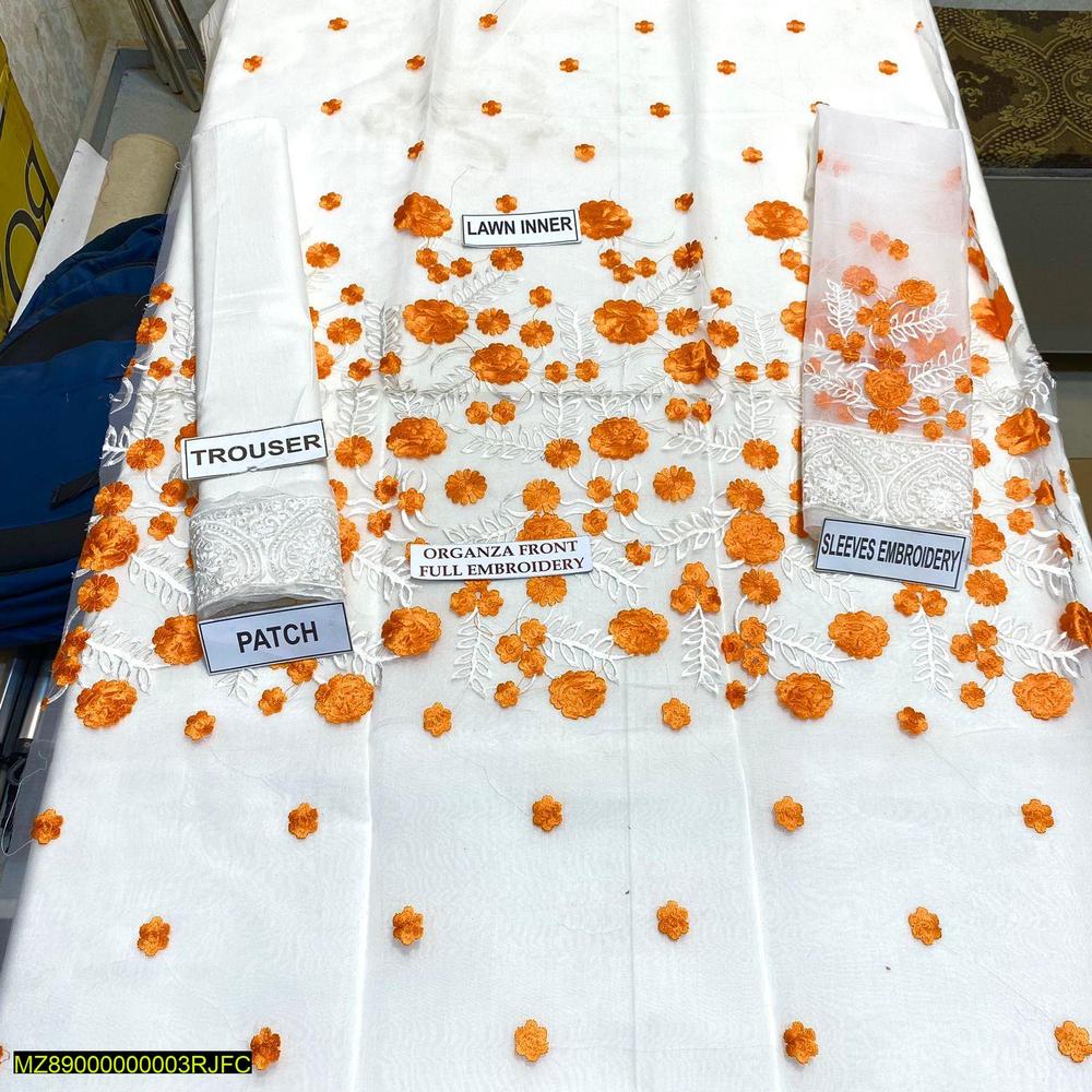 Women Organza Embroidered Suit Orange Floral Eid Wedding