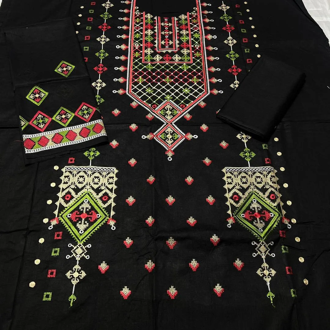 Women's Embroidered Black Lawn Suit Red Green Details