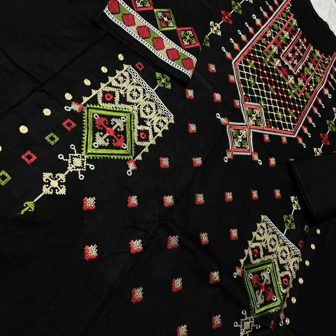 Women's Embroidered Black Lawn Suit Red Green Details